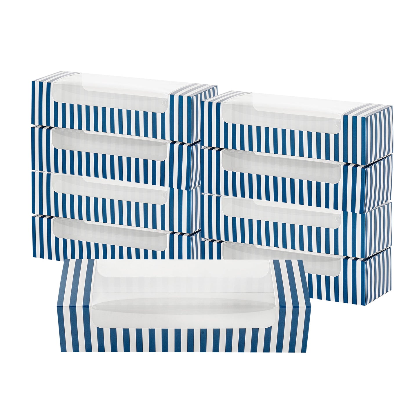 Pastry Tek Blue and White Stripe Paper Pastry / Cake Box - with Window - 9 3/4" x 3 1/4" x 2 1/4" - 100 count box