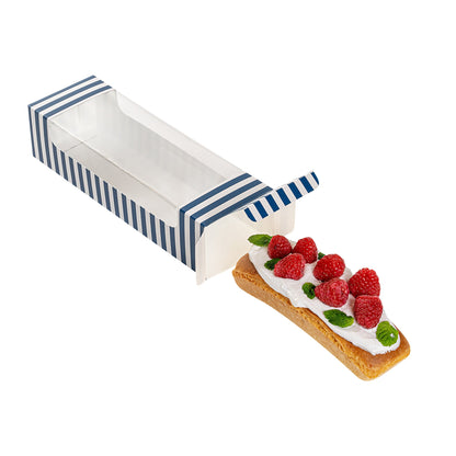 Pastry Tek Blue and White Stripe Paper Pastry / Cake Box - with Window - 9 3/4" x 3 1/4" x 2 1/4" - 100 count box