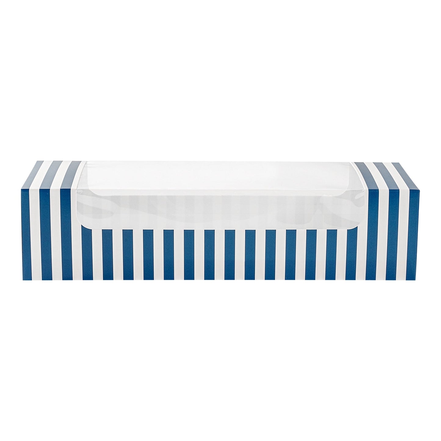 Pastry Tek Blue and White Stripe Paper Pastry / Cake Box - with Window - 9 3/4" x 3 1/4" x 2 1/4" - 100 count box