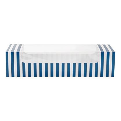 Pastry Tek Blue and White Stripe Paper Pastry / Cake Box - with Window - 9 3/4" x 3 1/4" x 2 1/4" - 100 count box