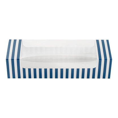 Pastry Tek Blue and White Stripe Paper Pastry / Cake Box - with Window - 9 3/4" x 3 1/4" x 2 1/4" - 100 count box