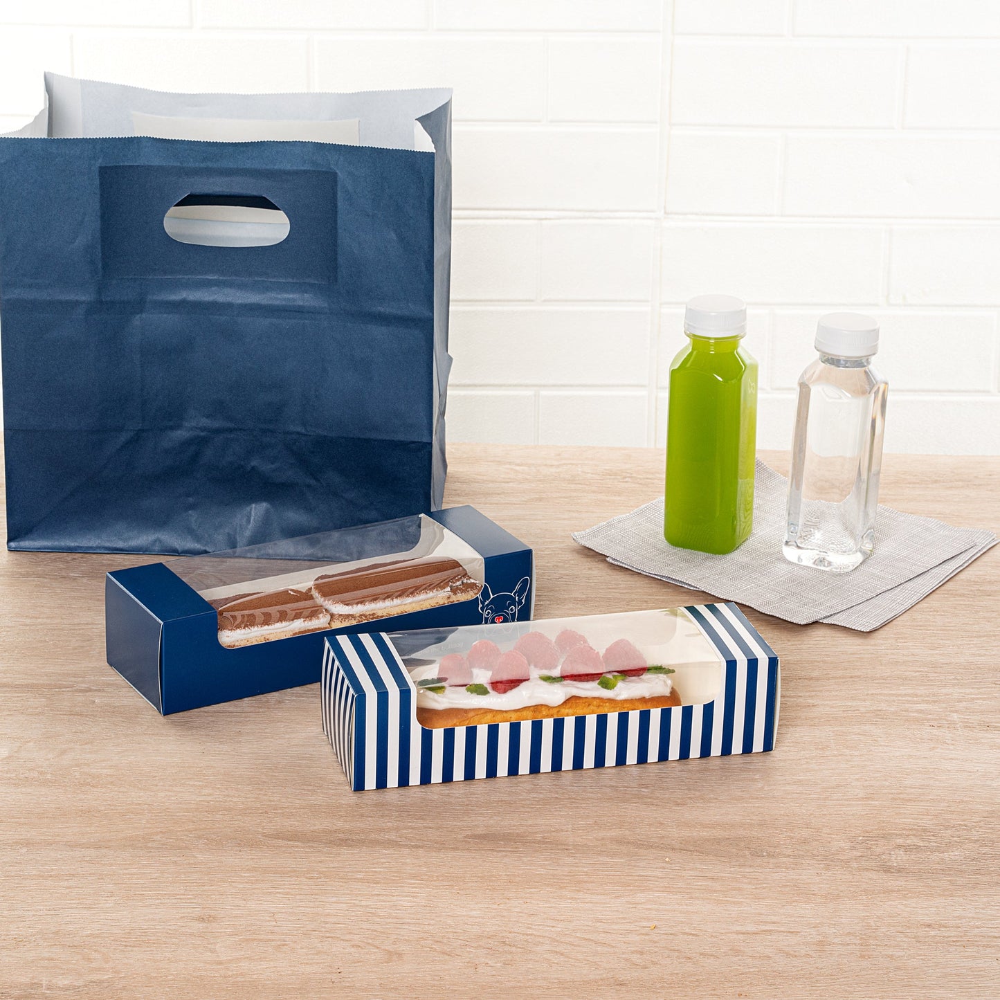 Pastry Tek Blue and White Stripe Paper Pastry / Cake Box - with Window - 9 3/4" x 3 1/4" x 2 1/4" - 100 count box