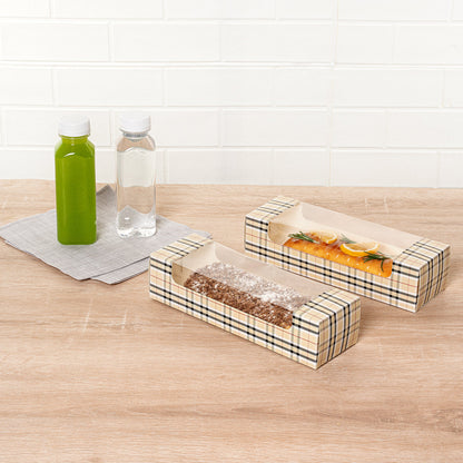 Pastry Tek Plaid Paper Pastry / Cake Box - with Window - 9 3/4" x 3 1/4" x 2 1/4" - 100 count box