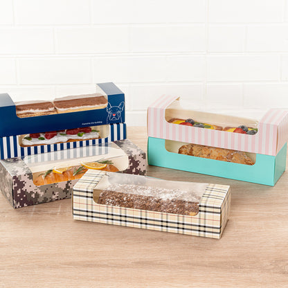 Pastry Tek Plaid Paper Pastry / Cake Box - with Window - 9 3/4" x 3 1/4" x 2 1/4" - 100 count box