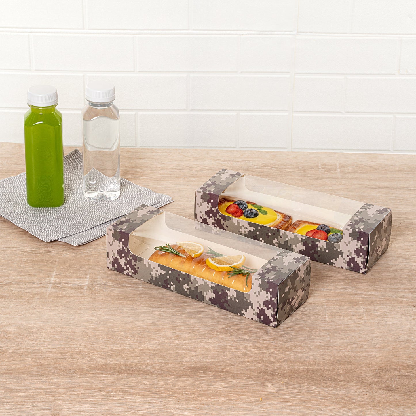 Pastry Tek Camouflage Paper Pastry / Cake Box - with Window - 9 3/4" x 3 1/4" x 2 1/4" - 100 count box