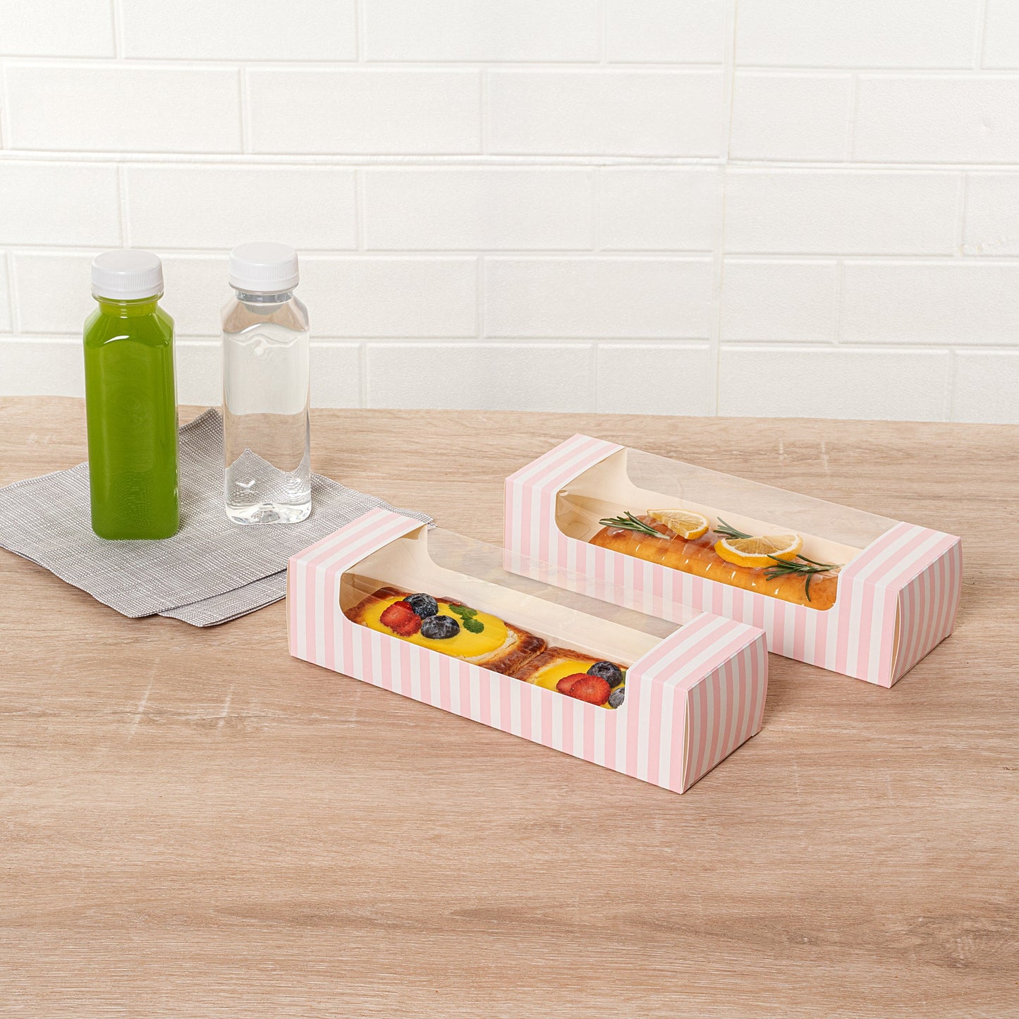 Pastry Tek Pink and White Stripe Paper Pastry / Cake Box - with Window - 9 3/4" x 3 1/4" x 2 1/4" - 100 count box