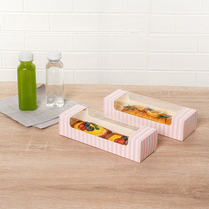 Pastry Tek Pink and White Stripe Paper Pastry / Cake Box - with Window - 9 3/4" x 3 1/4" x 2 1/4" - 100 count box