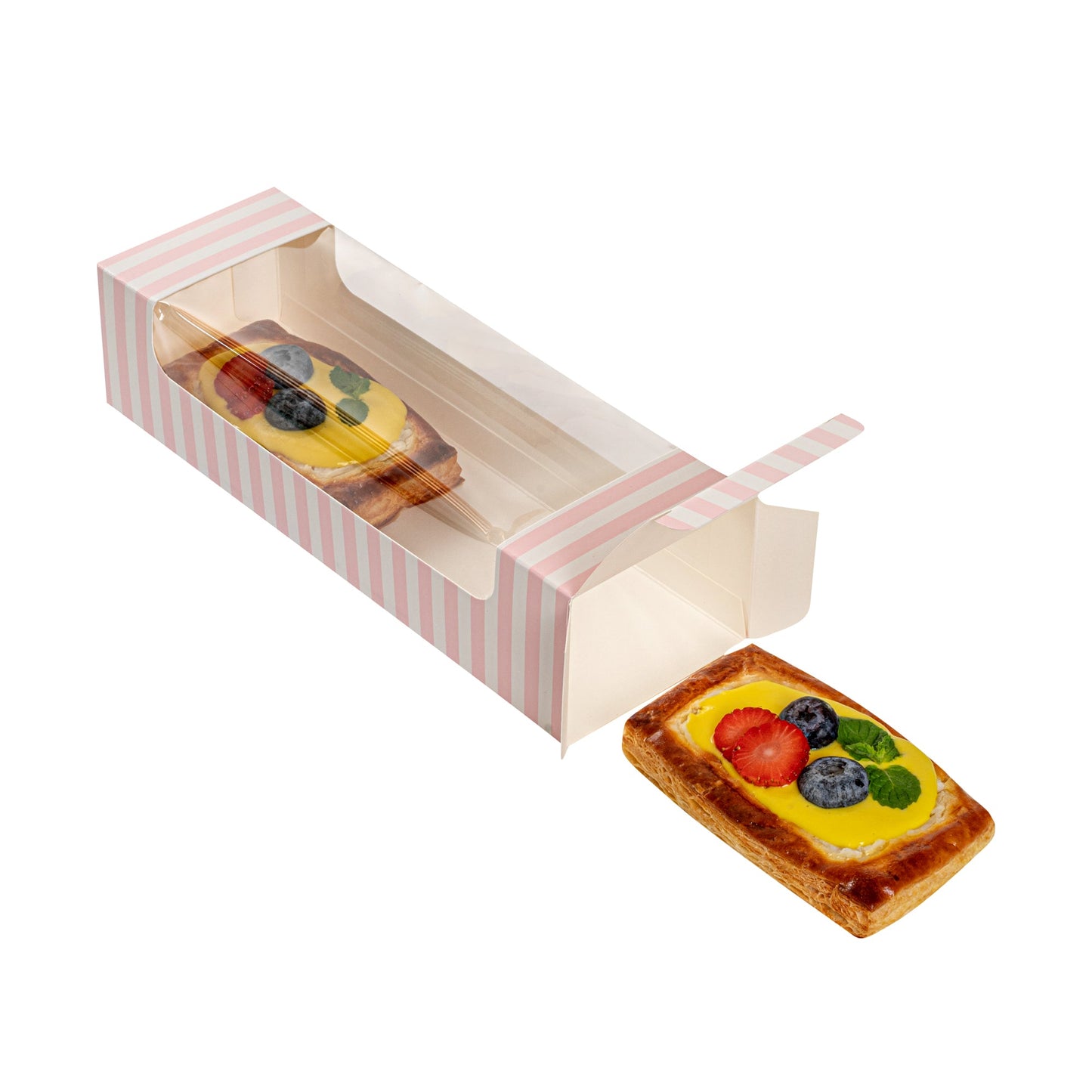 Pastry Tek Pink and White Stripe Paper Pastry / Cake Box - with Window - 9 3/4" x 3 1/4" x 2 1/4" - 100 count box