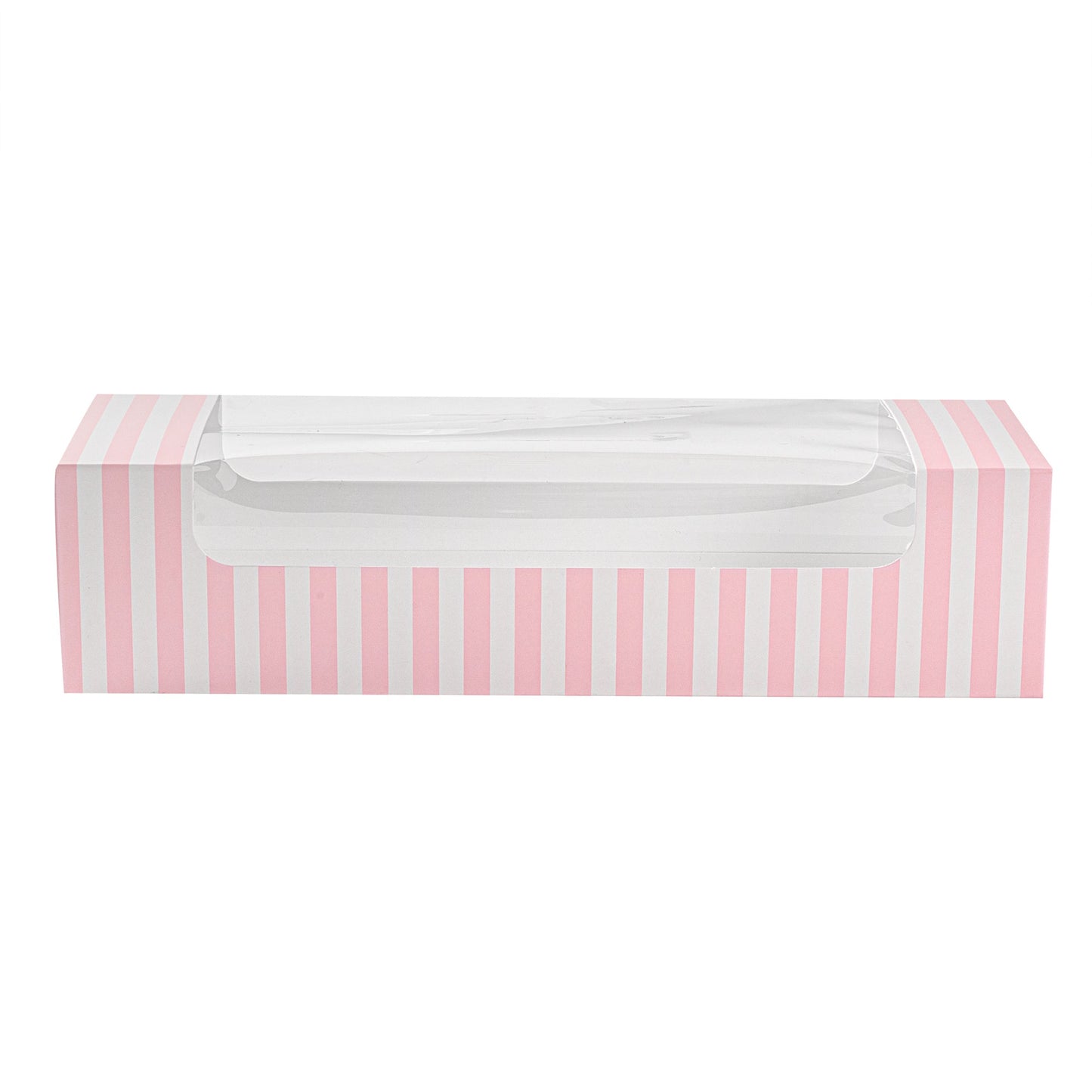 Pastry Tek Pink and White Stripe Paper Pastry / Cake Box - with Window - 9 3/4" x 3 1/4" x 2 1/4" - 100 count box
