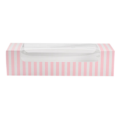 Pastry Tek Pink and White Stripe Paper Pastry / Cake Box - with Window - 9 3/4" x 3 1/4" x 2 1/4" - 100 count box