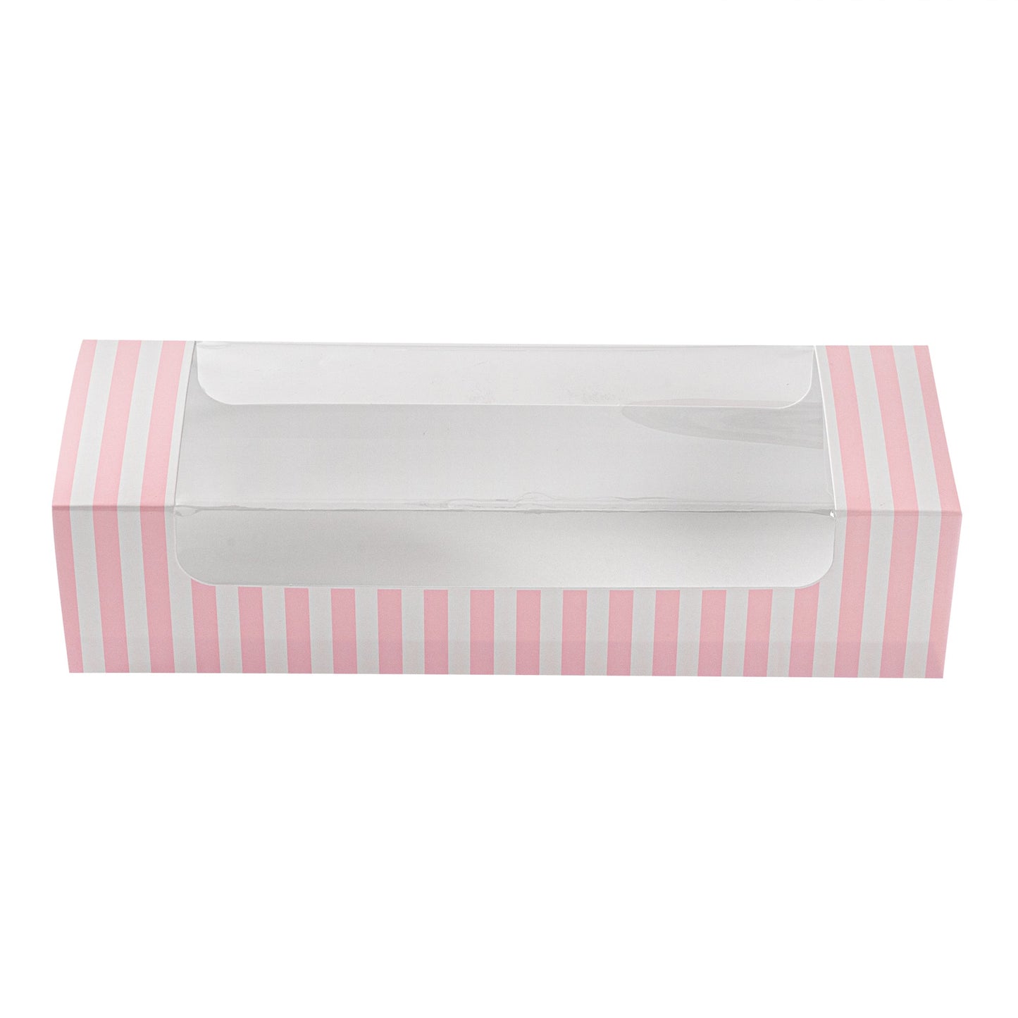 Pastry Tek Pink and White Stripe Paper Pastry / Cake Box - with Window - 9 3/4" x 3 1/4" x 2 1/4" - 100 count box