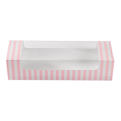 Pastry Tek Pink and White Stripe Paper Pastry / Cake Box - with Window - 9 3/4" x 3 1/4" x 2 1/4" - 100 count box