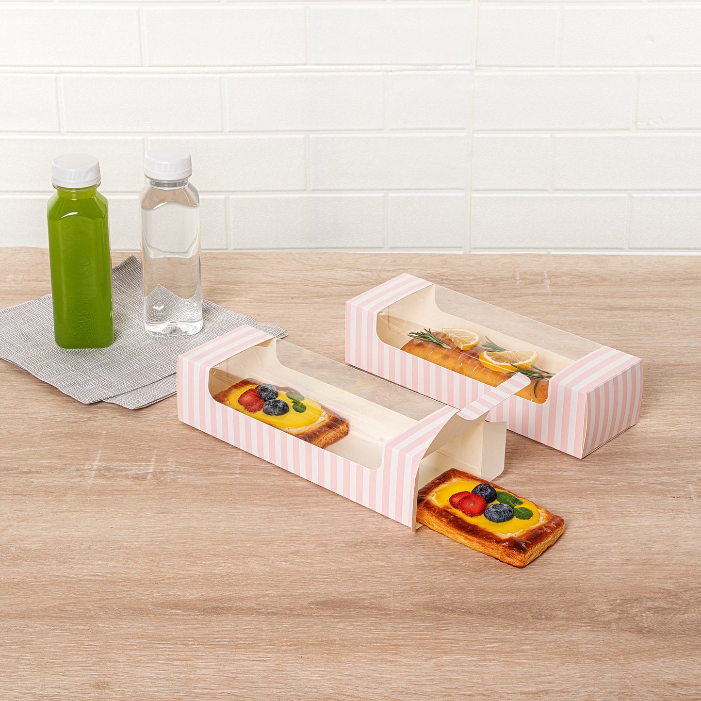 Pastry Tek Pink and White Stripe Paper Pastry / Cake Box - with Window - 9 3/4" x 3 1/4" x 2 1/4" - 100 count box
