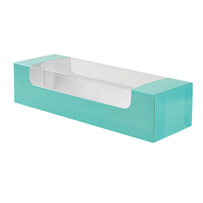 Pastry Tek Turquoise Paper Pastry / Cake Box - with Window - 9 3/4" x 3 1/4" x 2 1/4" - 100 count box