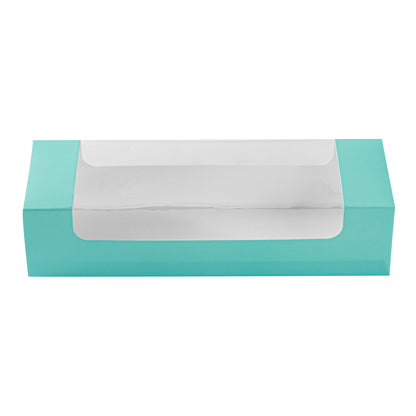 Pastry Tek Turquoise Paper Pastry / Cake Box - with Window - 9 3/4" x 3 1/4" x 2 1/4" - 100 count box
