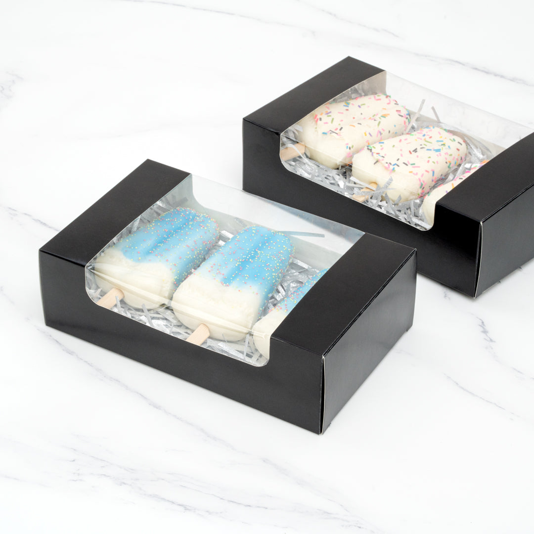 Pastry Tek Black Paper Pastry / Cake Box - with Window - 7 3/4" x 4 3/4" x 2 1/4" - 100 count box