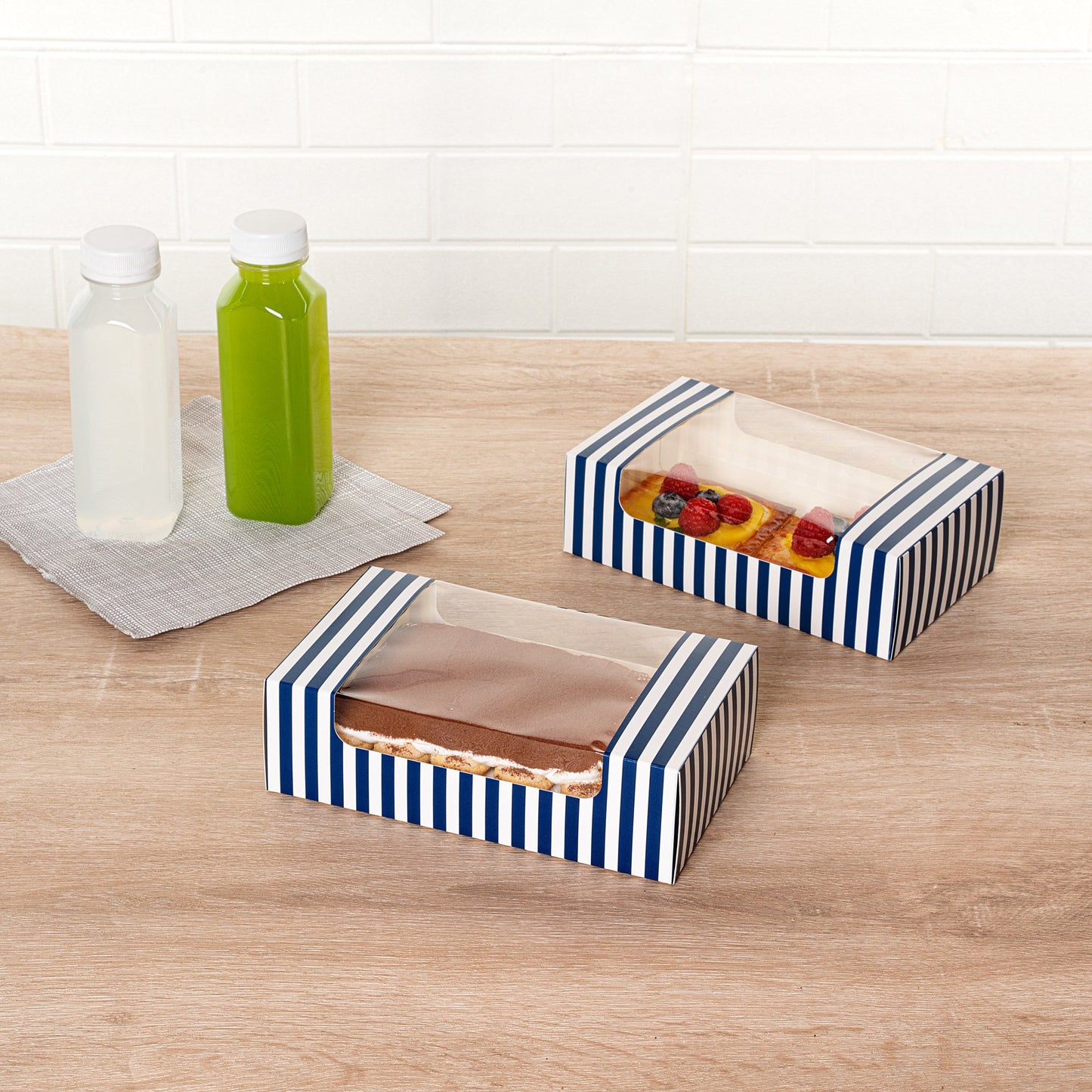 Pastry Tek Blue and White Stripe Paper Pastry / Cake Box - with Window - 7 3/4" x 4 3/4" x 2 1/4" - 100 count box