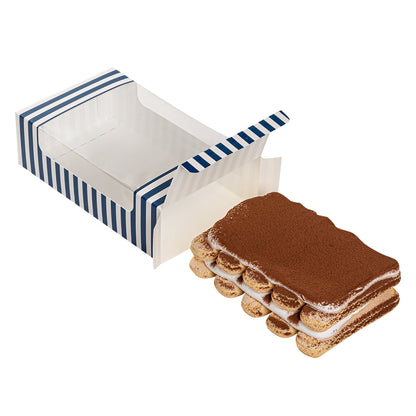 Pastry Tek Blue and White Stripe Paper Pastry / Cake Box - with Window - 7 3/4" x 4 3/4" x 2 1/4" - 100 count box
