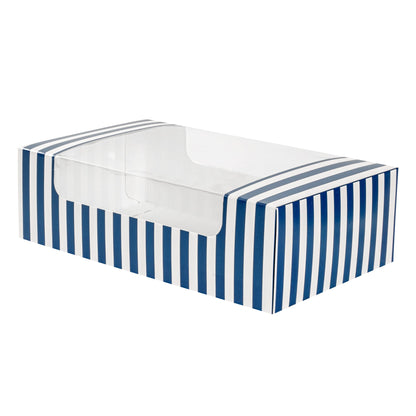 Pastry Tek Blue and White Stripe Paper Pastry / Cake Box - with Window - 7 3/4" x 4 3/4" x 2 1/4" - 100 count box