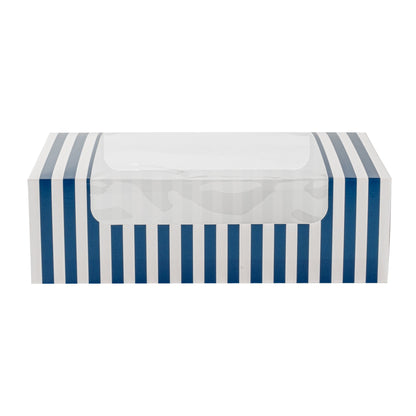 Pastry Tek Blue and White Stripe Paper Pastry / Cake Box - with Window - 7 3/4" x 4 3/4" x 2 1/4" - 100 count box