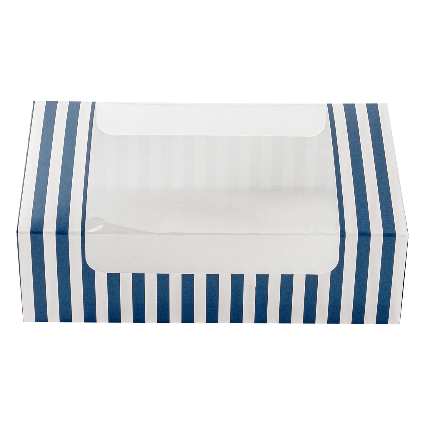 Pastry Tek Blue and White Stripe Paper Pastry / Cake Box - with Window - 7 3/4" x 4 3/4" x 2 1/4" - 100 count box