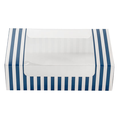 Pastry Tek Blue and White Stripe Paper Pastry / Cake Box - with Window - 7 3/4" x 4 3/4" x 2 1/4" - 100 count box