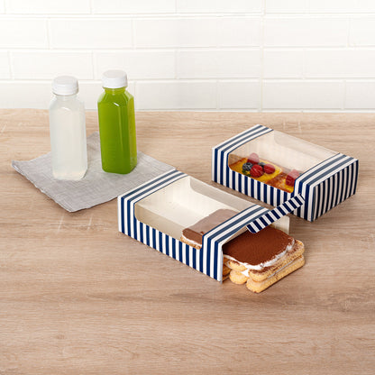 Pastry Tek Blue and White Stripe Paper Pastry / Cake Box - with Window - 7 3/4" x 4 3/4" x 2 1/4" - 100 count box