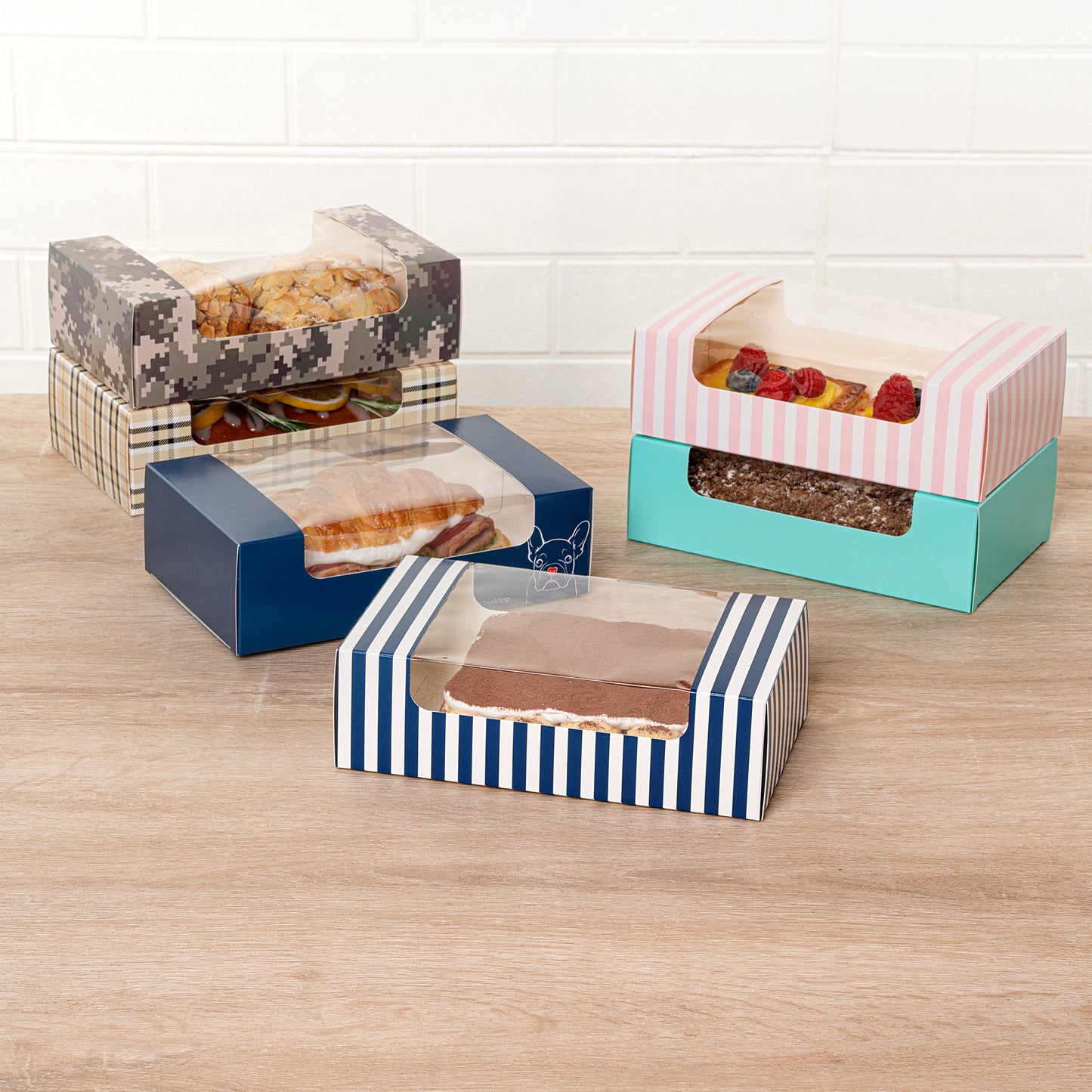 Pastry Tek Blue and White Stripe Paper Pastry / Cake Box - with Window - 7 3/4" x 4 3/4" x 2 1/4" - 100 count box