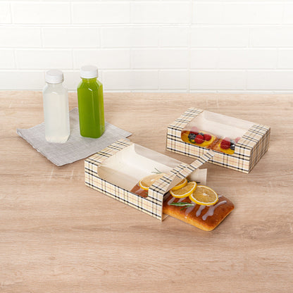 Pastry Tek Plaid Paper Pastry / Cake Box - with Window - 7 3/4" x 4 3/4" x 2 1/4" - 100 count box