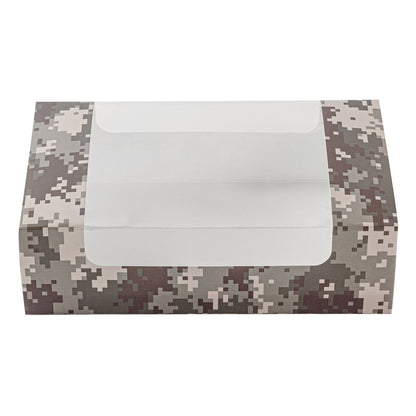 Pastry Tek Camouflage Paper Pastry / Cake Box - with Window - 7 3/4" x 4 3/4" x 2 1/4" - 100 count box