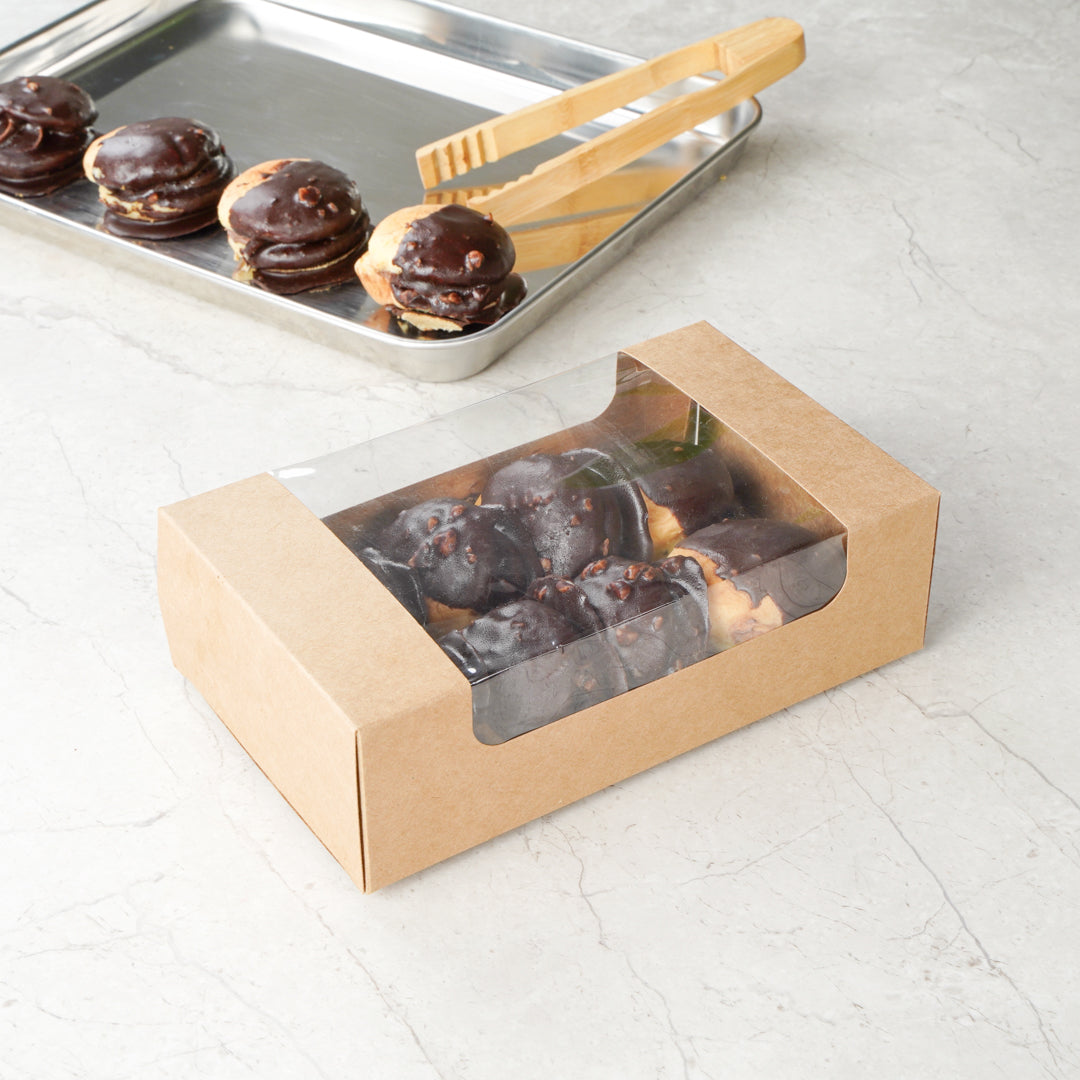 Pastry Tek Kraft Paper Pastry / Cake Box - with Window - 7 3/4" x 4 3/4" x 2 1/4" - 100 count box