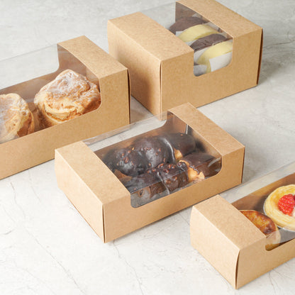 Pastry Tek Kraft Paper Pastry / Cake Box - with Window - 7 3/4" x 4 3/4" x 2 1/4" - 100 count box