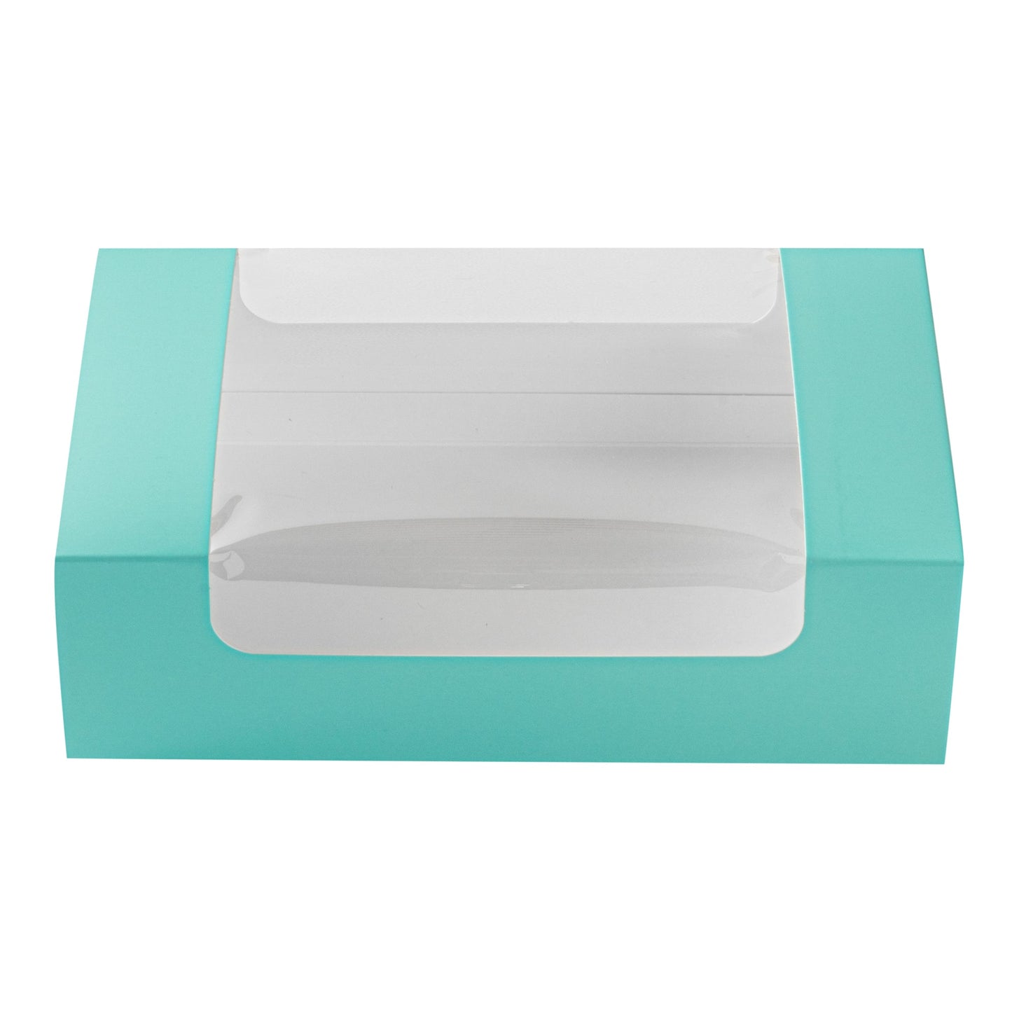 Pastry Tek Turquoise Paper Pastry / Cake Box - with Window - 7 3/4" x 4 3/4" x 2 1/4" - 100 count box