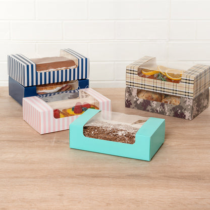 Pastry Tek Turquoise Paper Pastry / Cake Box - with Window - 7 3/4" x 4 3/4" x 2 1/4" - 100 count box