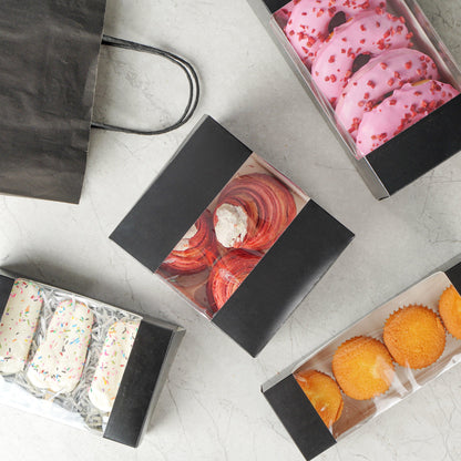 Pastry Tek Black Paper Pastry / Cake Box - with Window - 7" x 6" x 4" - 100 count box