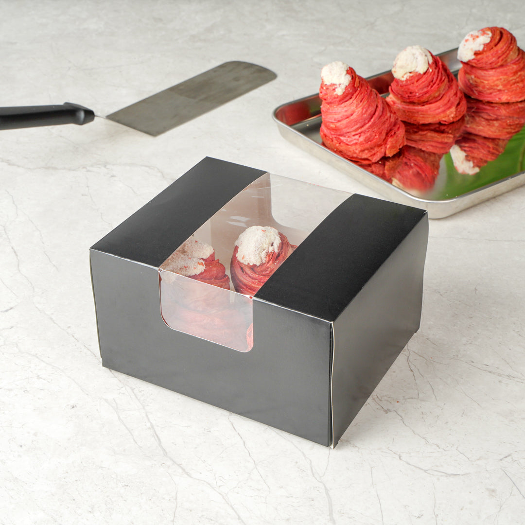 Pastry Tek Black Paper Pastry / Cake Box - with Window - 7" x 6" x 4" - 100 count box