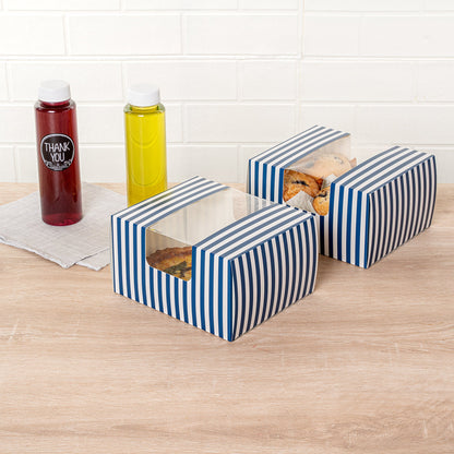 Pastry Tek Blue and White Stripe Paper Pastry / Cake Box - with Window - 7" x 6" x 4"- 100 count box