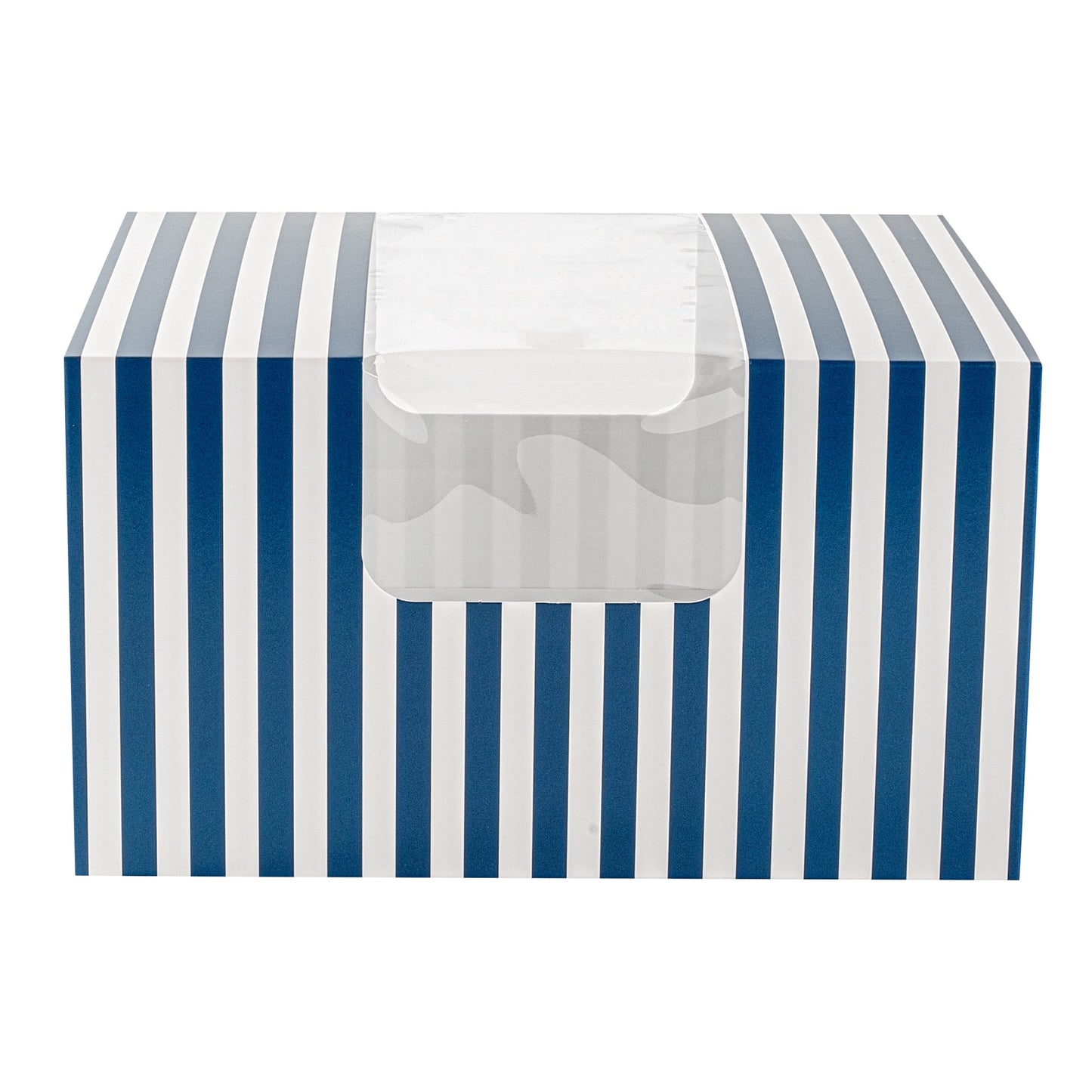 Pastry Tek Blue and White Stripe Paper Pastry / Cake Box - with Window - 7" x 6" x 4"- 100 count box