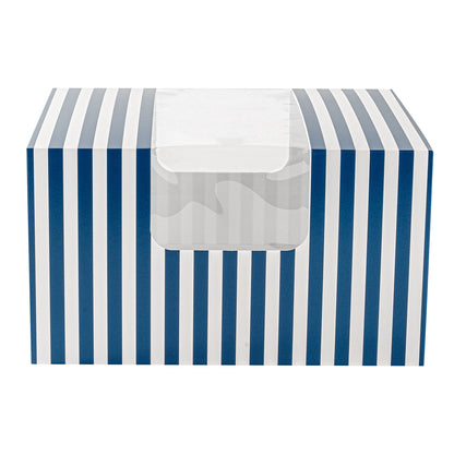 Pastry Tek Blue and White Stripe Paper Pastry / Cake Box - with Window - 7" x 6" x 4"- 100 count box