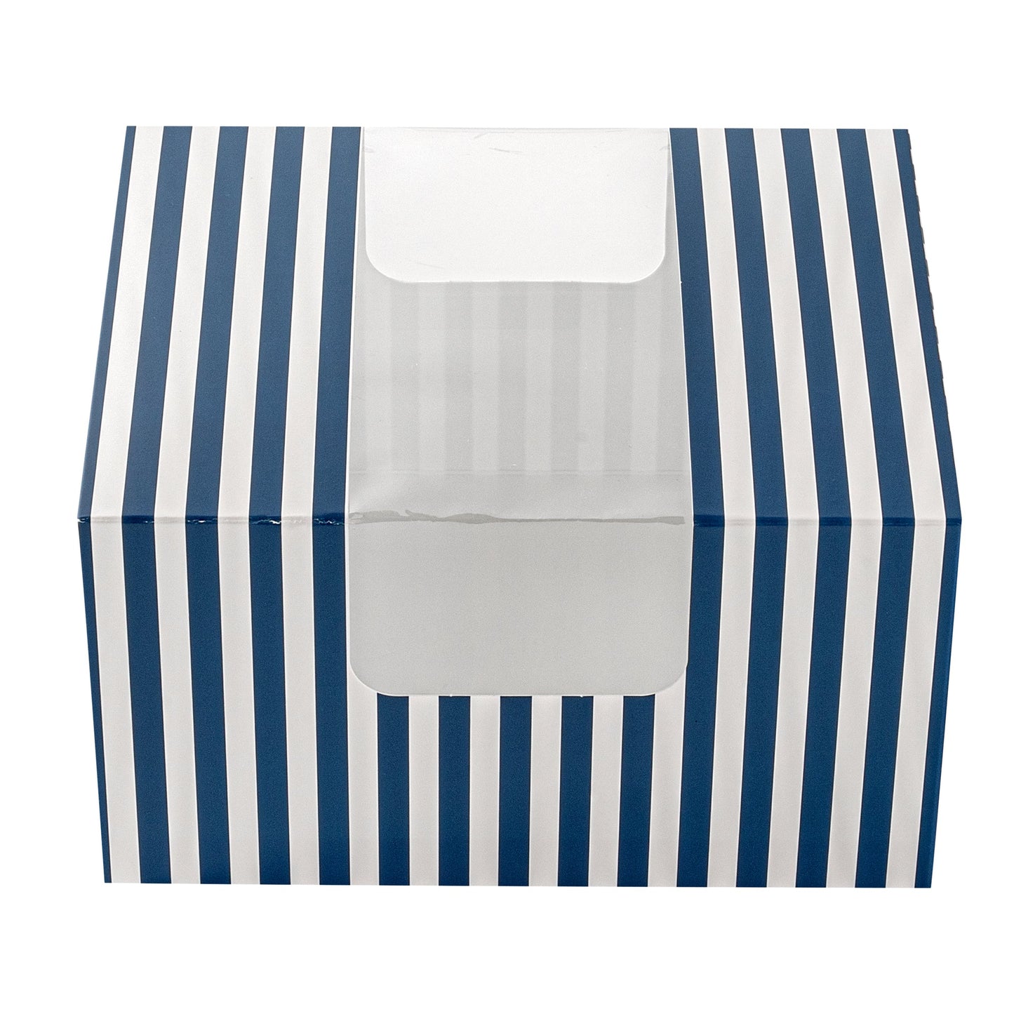Pastry Tek Blue and White Stripe Paper Pastry / Cake Box - with Window - 7" x 6" x 4"- 100 count box