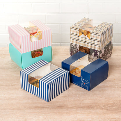 Pastry Tek Blue and White Stripe Paper Pastry / Cake Box - with Window - 7" x 6" x 4"- 100 count box