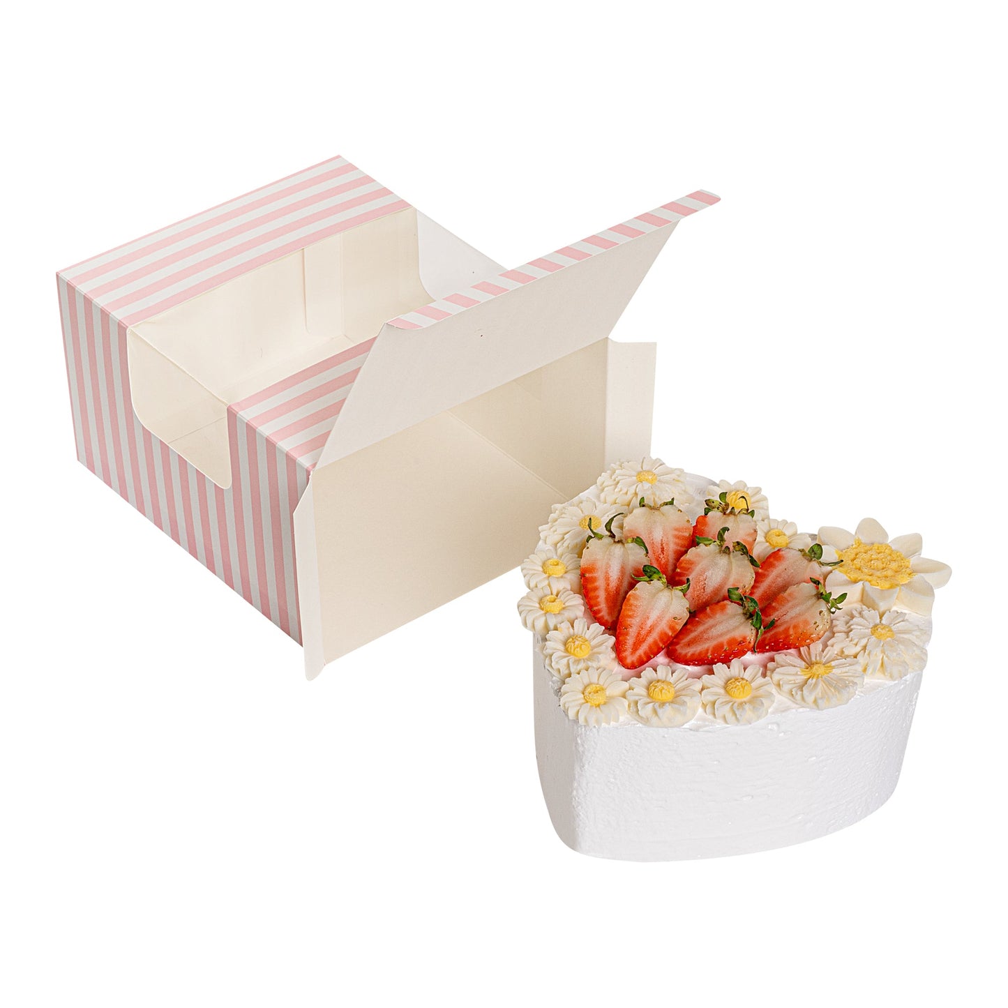 Pastry Tek Pink and White Stripe Paper Pastry / Cake Box - with Window - 7" x 6" x 4" - 100 count box