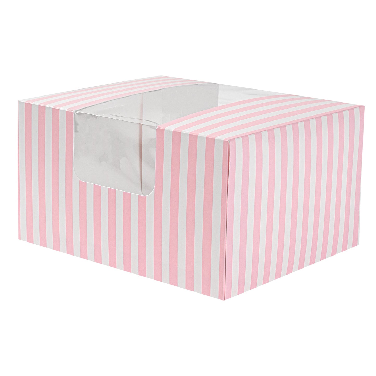 Pastry Tek Pink and White Stripe Paper Pastry / Cake Box - with Window - 7" x 6" x 4" - 100 count box