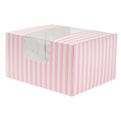 Pastry Tek Pink and White Stripe Paper Pastry / Cake Box - with Window - 7" x 6" x 4" - 100 count box