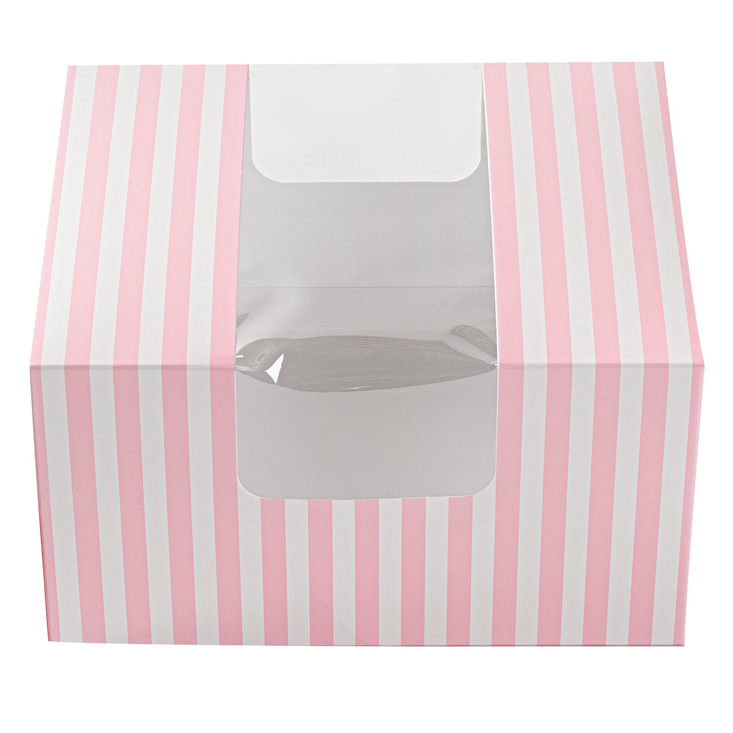 Pastry Tek Pink and White Stripe Paper Pastry / Cake Box - with Window - 7" x 6" x 4" - 100 count box