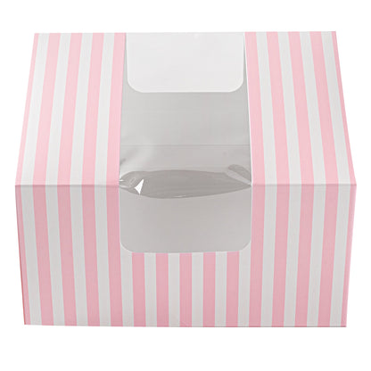 Pastry Tek Pink and White Stripe Paper Pastry / Cake Box - with Window - 7" x 6" x 4" - 100 count box