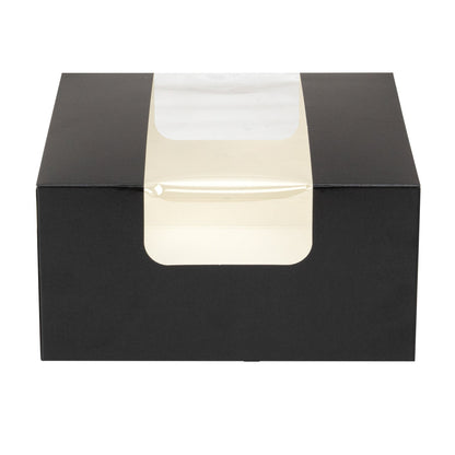 Pastry Tek Black Paper Pastry / Cake Box - with Window - 6 1/4" x 6 1/4" x 3 1/4" - 100 count box