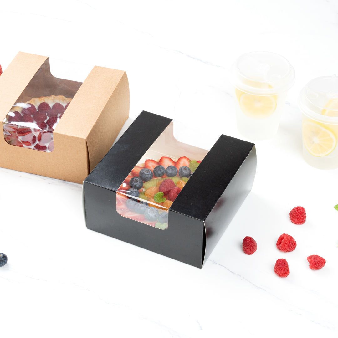 Pastry Tek Black Paper Pastry / Cake Box - with Window - 6 1/4" x 6 1/4" x 3 1/4" - 100 count box