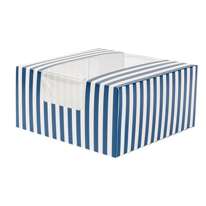 Pastry Tek Blue and White Stripe Paper Pastry / Cake Box - with Window - 6 1/4" x 6 1/4" x 3 1/4" - 100 count box