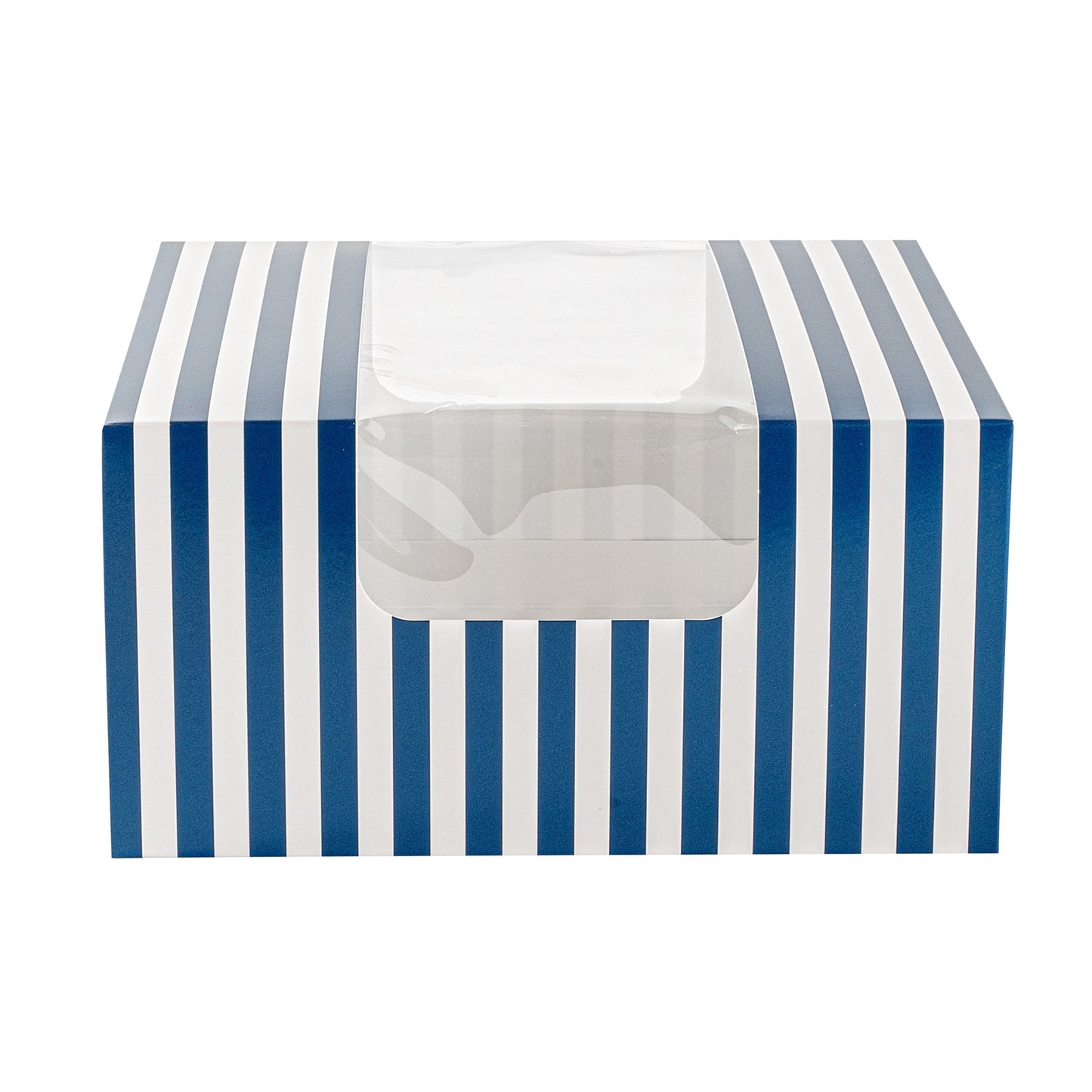 Pastry Tek Blue and White Stripe Paper Pastry / Cake Box - with Window - 6 1/4" x 6 1/4" x 3 1/4" - 100 count box